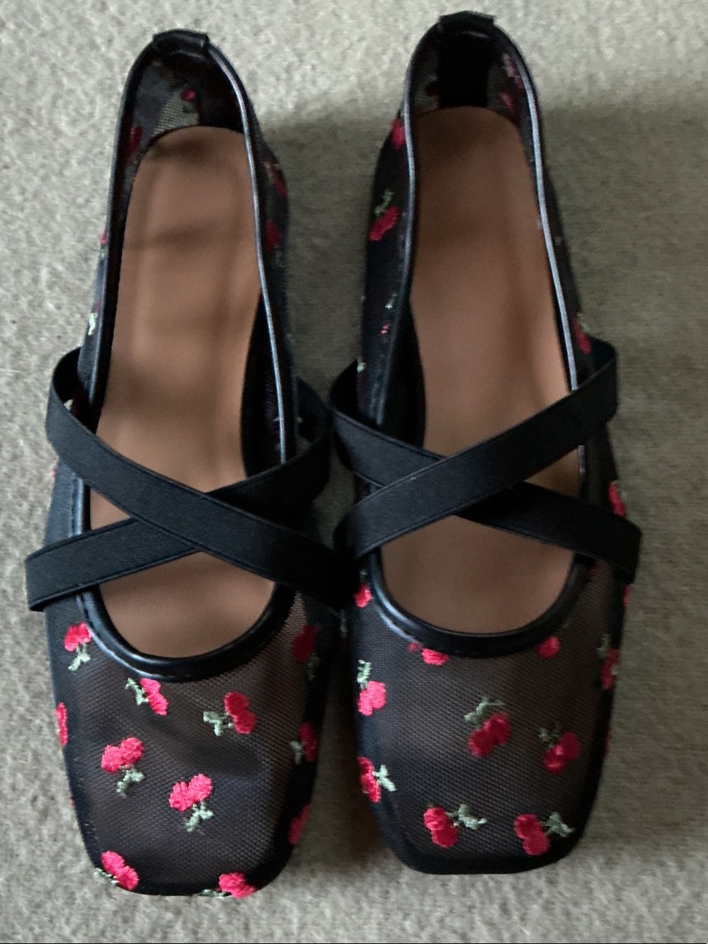 Black Mesh Mary Jane Flats with Red Floral Embroidery